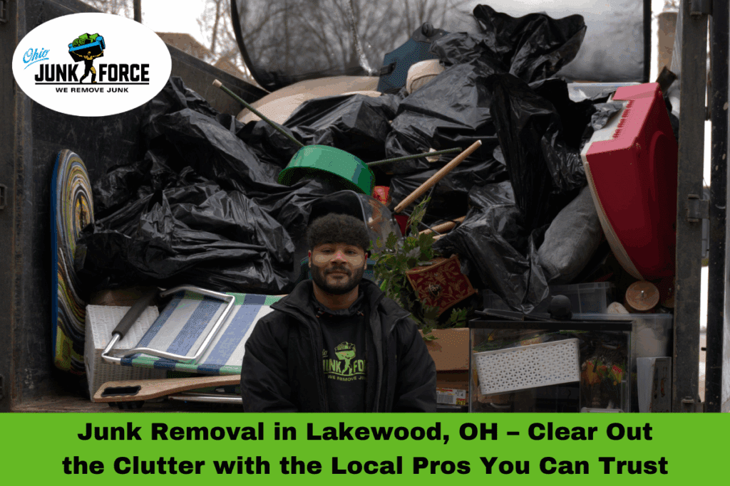 Ohio Junk Force team member standing in front of a truck filled with bagged trash and household clutter for junk removal in Lakewood Ohio