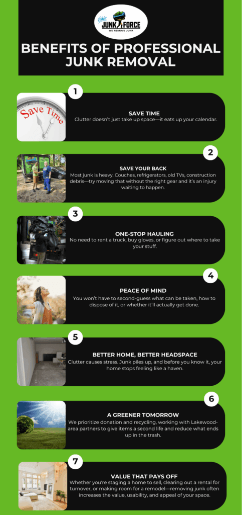 Ohio Junk Force infographic listing seven benefits of professional junk removal including saving time protecting your back one stop hauling peace of mind a better home greener disposal and added property value