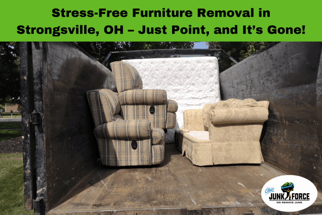 Ohio Junk Force graphic showing recliners chairs and a mattress loaded inside a junk removal truck for furniture removal in Strongsville Ohio