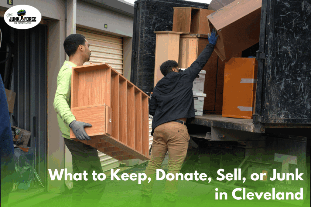 Two junk removal workers load wooden furniture and cabinets into a truck with the headline “What to Keep, Donate, Sell, or Junk in Cleveland.”
