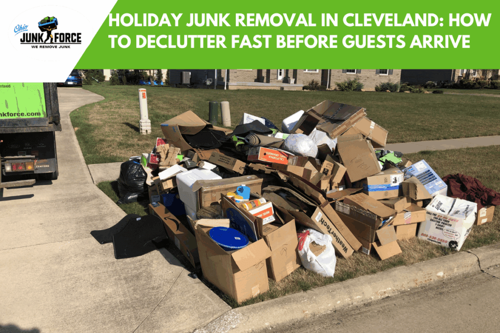 Promotional image for Ohio Junk Force showing a large curbside pile of boxes and household junk with text about fast holiday junk removal in Cleveland.