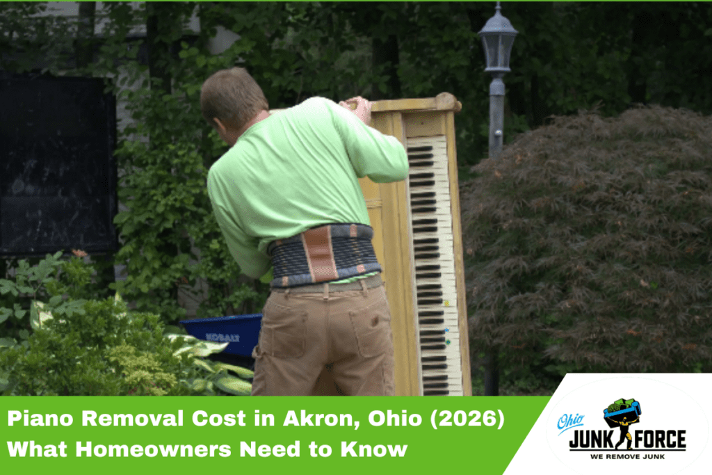 Ohio Junk Force worker in green shirt with back brace lifts tall upright piano onto truck beside shrubs, lamp post, and blue bin; banner title "Piano Removal Cost in Akron, Ohio (2026) What Homeowners Need to Know."