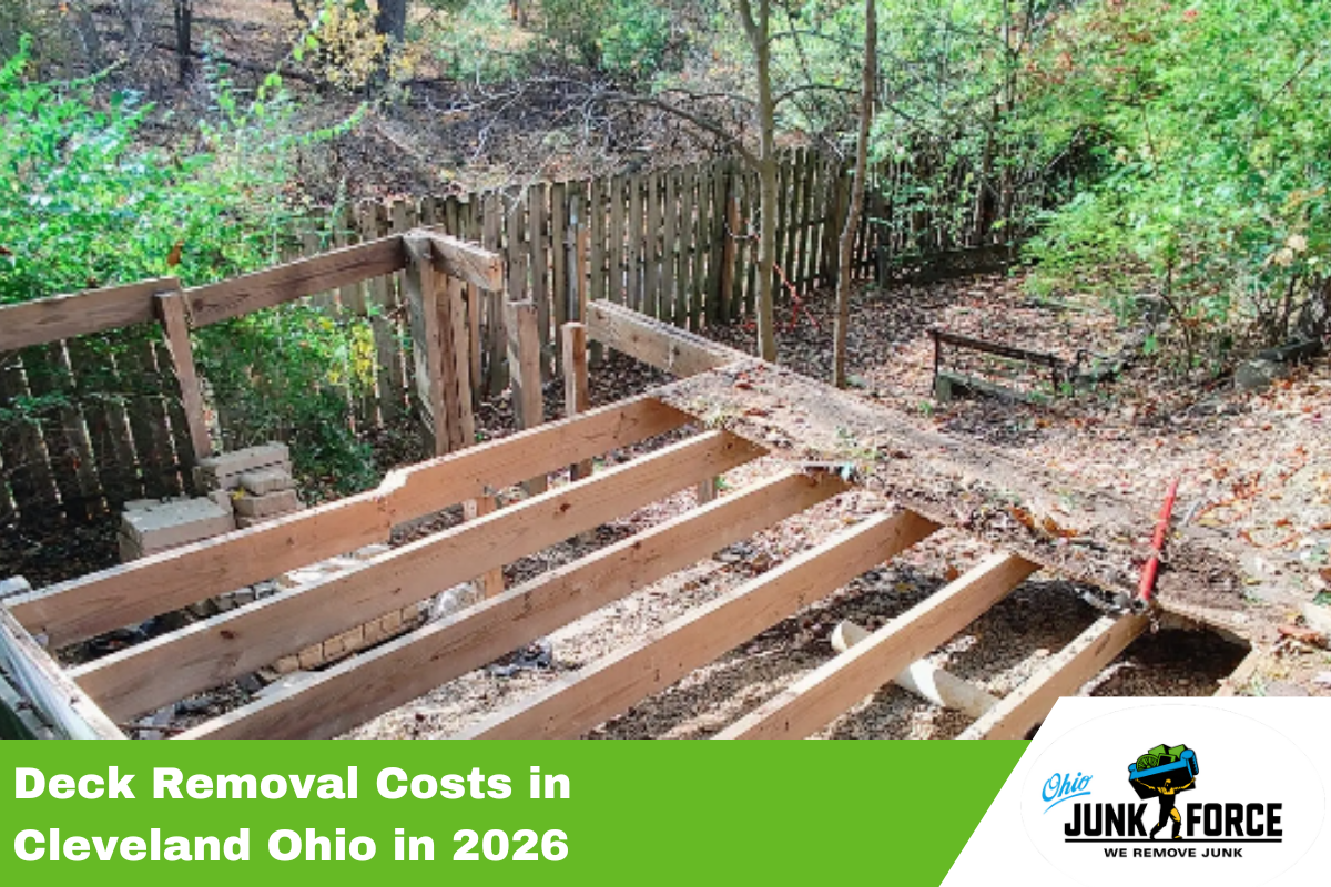 Partially dismantled wooden deck with fresh-cut beams and posts next to fence and trees; green Ohio Junk Force banner "Deck Removal Costs in Cleveland Ohio in 2026."