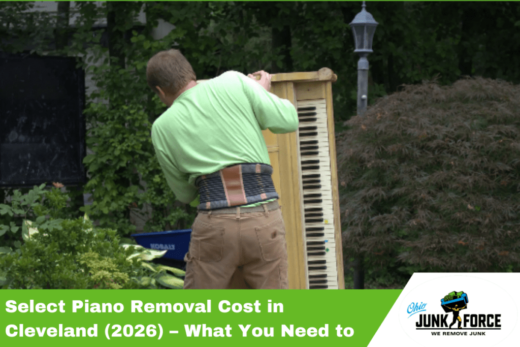 Ohio Junk Force worker in green shirt with back brace lifts tall upright piano onto truck beside shrubs, lamp post, and blue bin; green banner "Single Piano Removal Cost in Cleveland (2026) - What You Need To Know."
