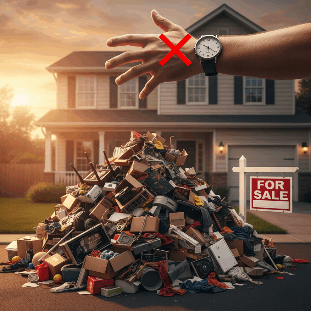Large pile of household junk in front of a suburban home with a for-sale sign, while an outstretched arm with a watch and red X symbol suggests no time to handle cleanup.