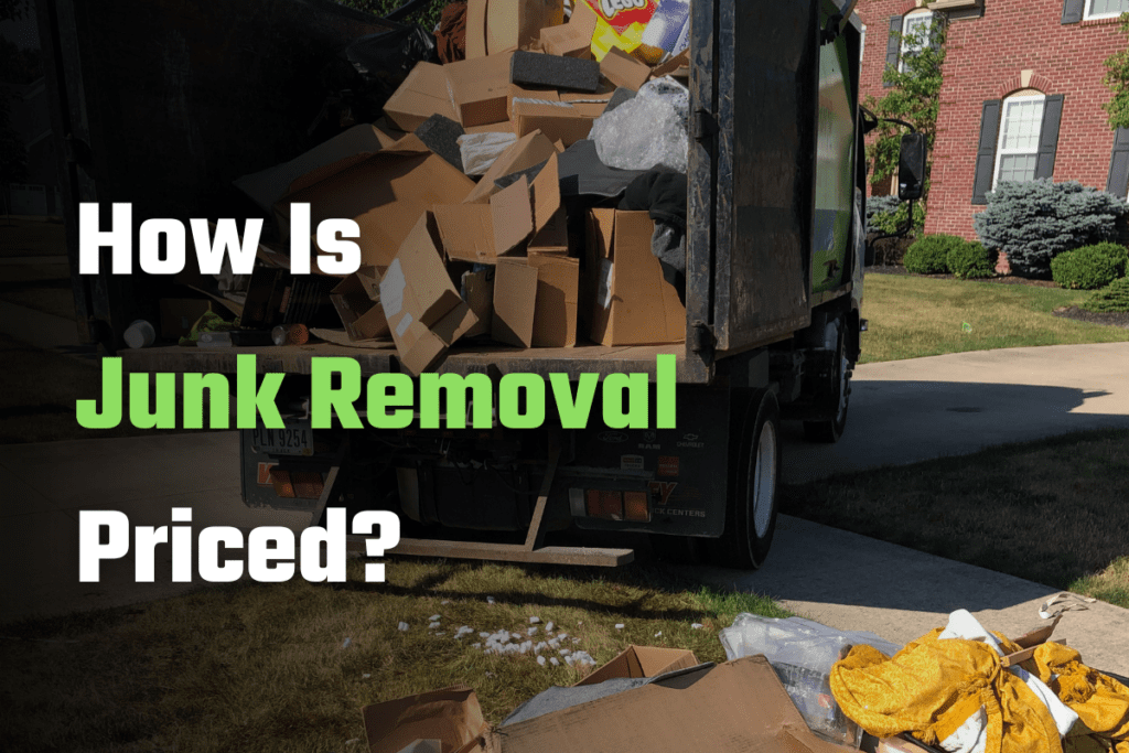 Black dump truck overflowing with boxes, plastic bags, and yellow scraps on driveway beside red brick house; Ohio Junk Force green text questions "How Is Junk Removal Priced?" illustrating volume-based pricing for trash hauling.