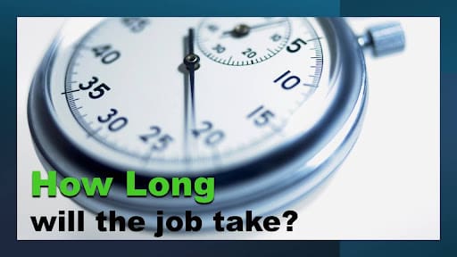 Close-up of chrome stopwatch face showing roughly 35 minutes on blue gradient; green Ohio Junk Force text repeats "How Long?" and asks "How long will the job take?" for junk removal timing estimates.