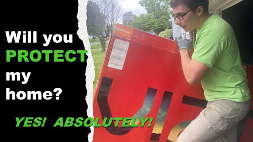 Ohio Junk Force worker in green shirt, glasses, and gloves hauls red appliance from house porch amid trees; text assures "Will you PROTECT my home? YES! ABSOLUTELY!" stressing careful junk removal practices.