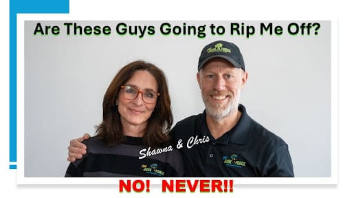 Smiling Ohio Junk Force team members Shawna in glasses and Chris in green cap and black polo shirt with company logo pose together; red headline "Are These Guys Going to Rip Me Off?" and bold "NO! NEVER!!" assure trustworthy junk removal service.