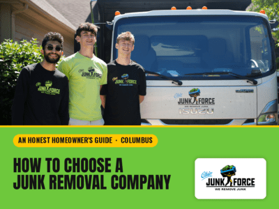 Ohio Junk Force workers in fornt of truck. Word: How to choose a junk removal company, and OJF logo.