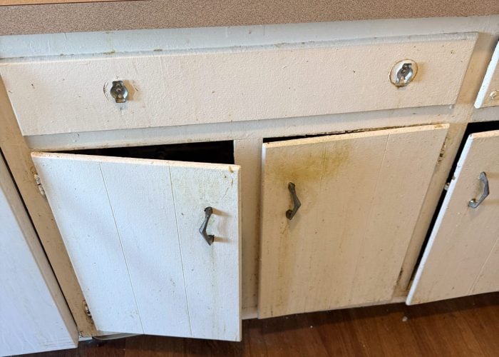 Dirty kitchen sink area with stained cabinet doors, worn countertops, and visible grime that would need deep cleaning.
